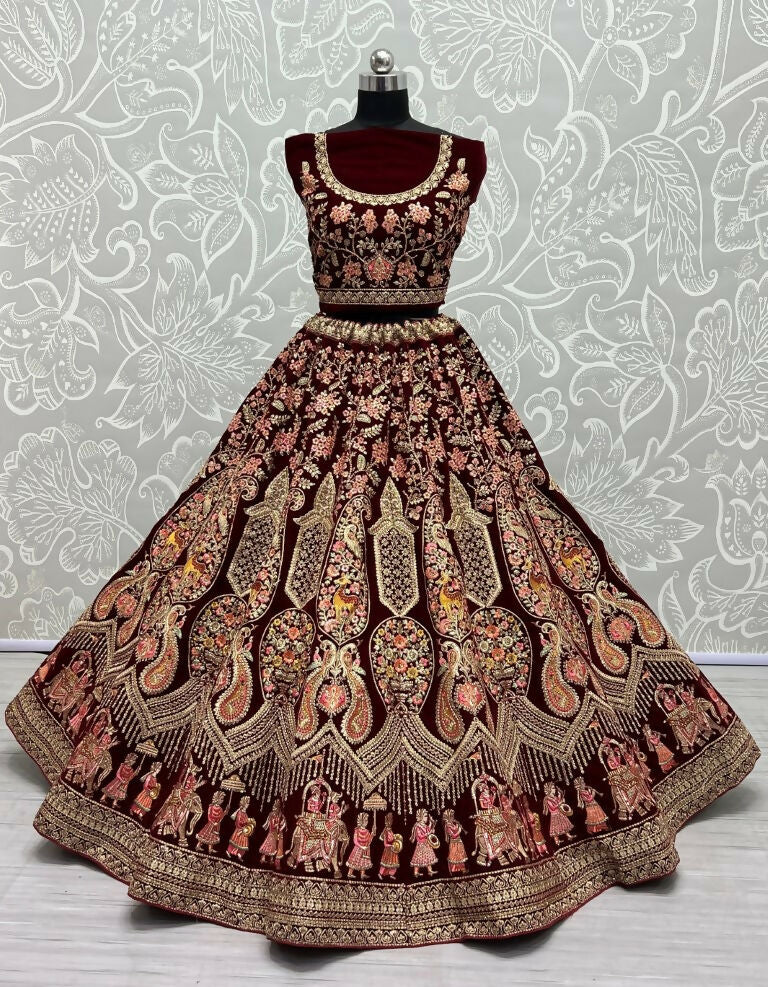 Jyoti Fashion Women's Maroon Velvet Multi Thread Embroidered with Zircon Diamond Work Wedding Lehenga Choli