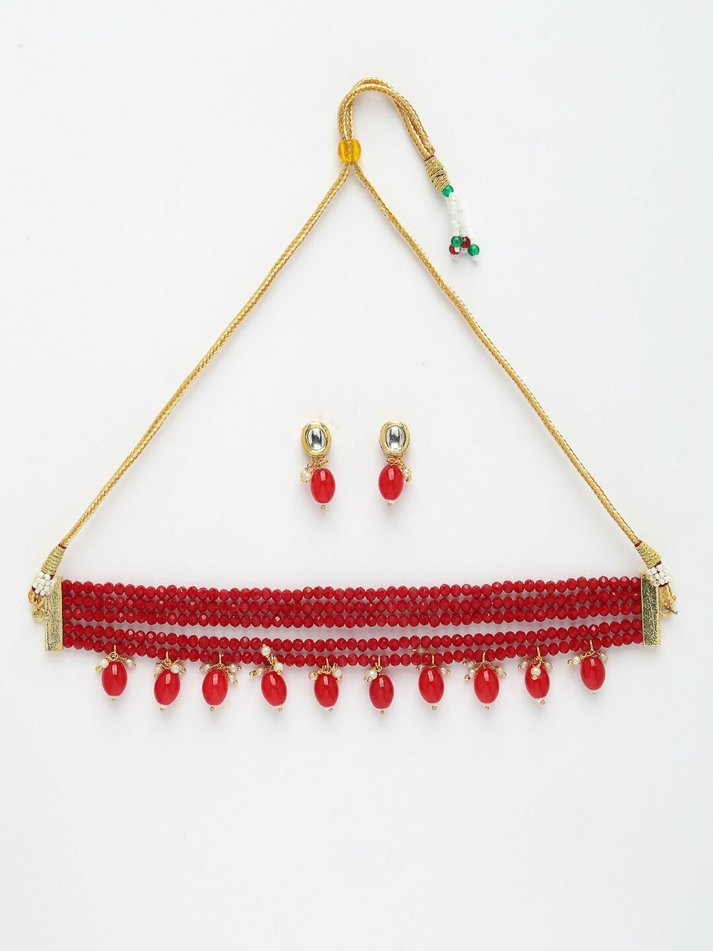 NVR Women's Red Artificial Beads Layered Necklace with Drop Earring