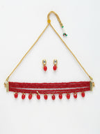 NVR Women's Red Artificial Beads Layered Necklace with Drop Earring