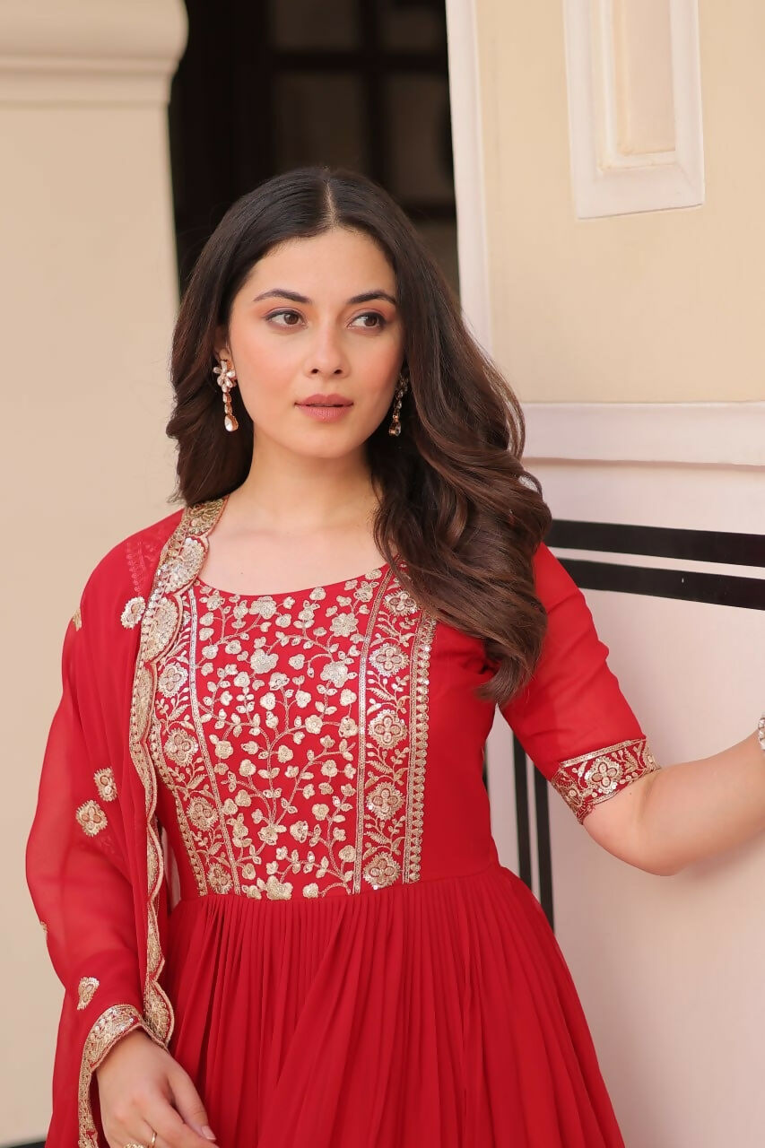 Teeya Creation Red Color Faux Georgette Embroidery Work Wedding Wear Long Gown - Distacart