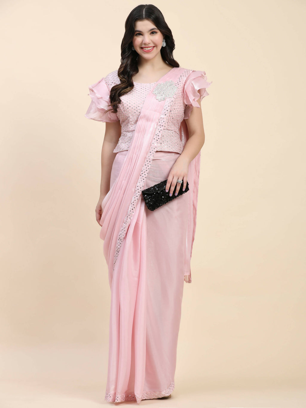 Pink Silk Satin Sequence Work Ready to Wear Saree with stitched Blouse - Nirvana