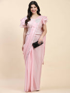 Pink Silk Satin Sequence Work Ready to Wear Saree with stitched Blouse - Nirvana