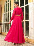 Janasya Pink Georgette Embroidered Top & Skirt