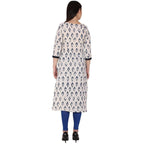 Kanoor Women's White and Blue Cotton Straight Kurti