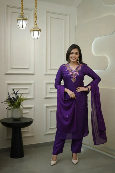 The52 Purple Women's Gorgeous Vichitra Fabric Embroidered Work Straight Kurta Pant and Dupatta Set