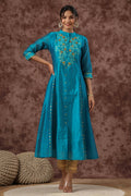 Juniper Women Teal Chanderi Silk Embroidered & Printed Anarkali Kurta - Distacart