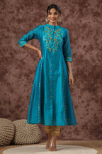 Juniper Women Teal Chanderi Silk Embroidered & Printed Anarkali Kurta - Distacart