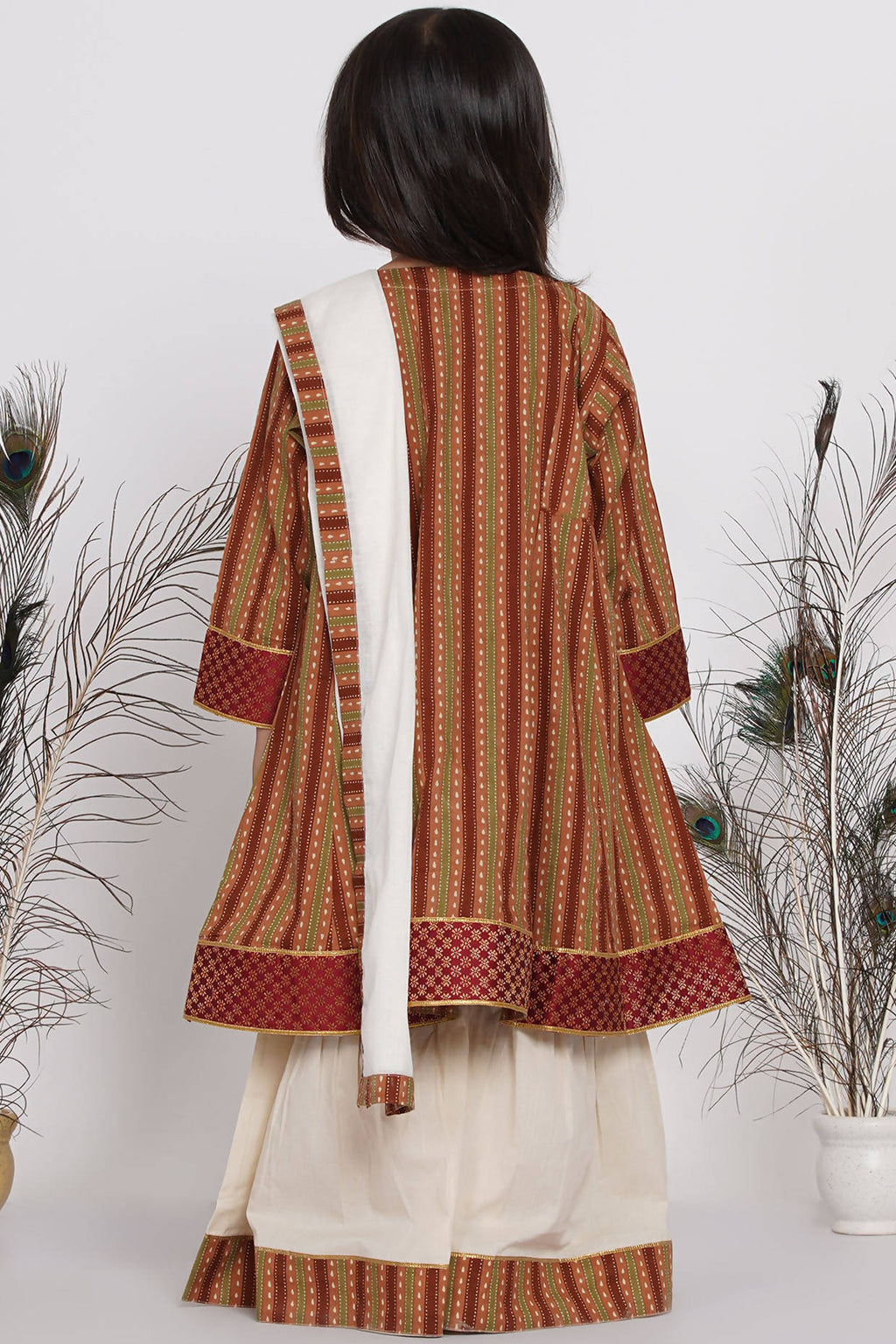 Little Bansi Girls Cotton Kurta frock with Sharara & Dupatta - Brown & Cream