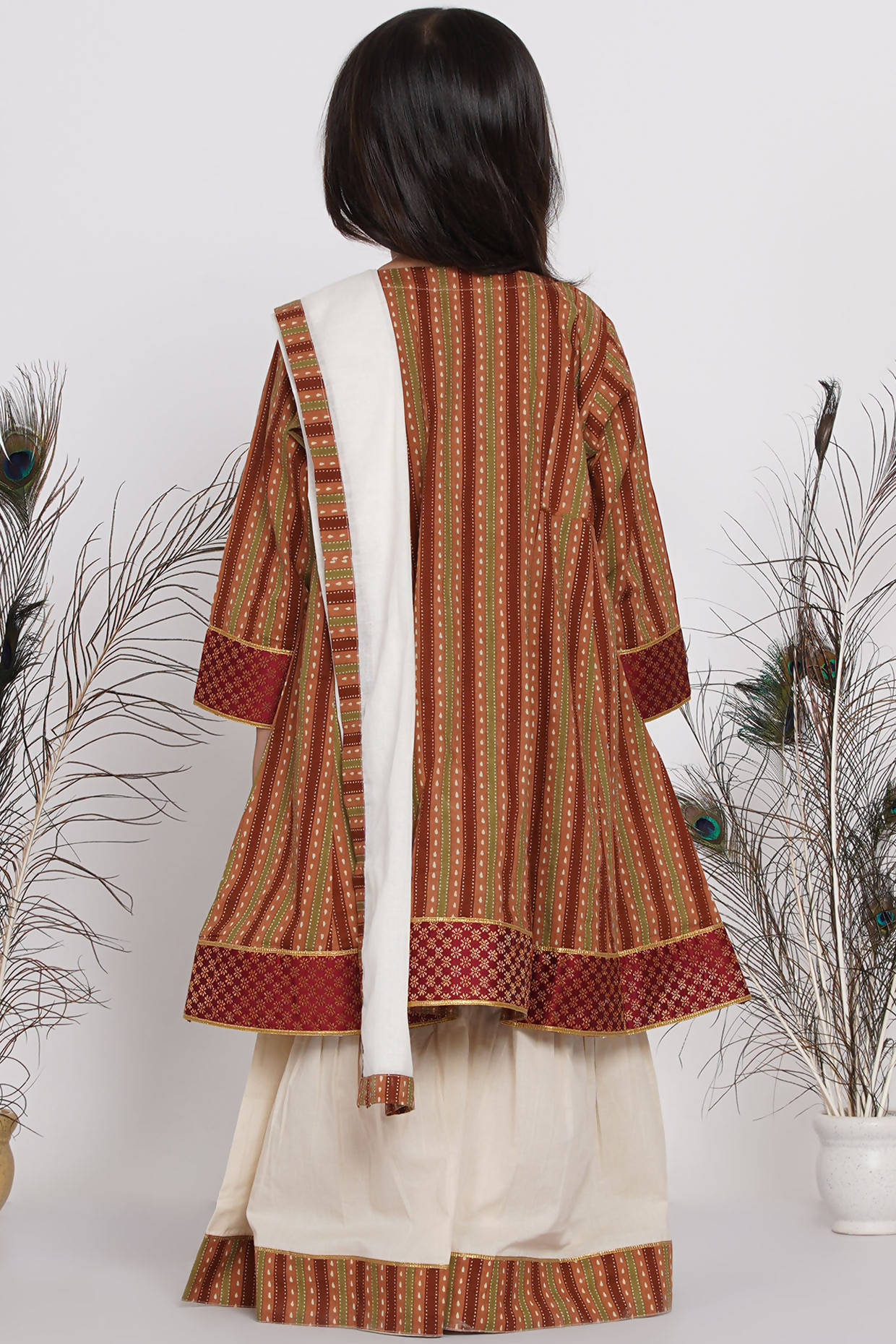 Little Bansi Girls Cotton Kurta frock with Sharara & Dupatta - Brown & Cream