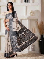 Shree Shyam Fashion Linen Cotton Black & Cream Saree - Distacart