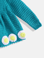 Chutput Kids Woollen Hand Knitted Full Sleeves Daisy Detail Dress For Baby Girls - Sea Green