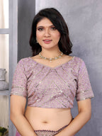 Vastranavya Lavender Embroidery Work Shimmer Chiffon Saree with Unstitched Blouse - Distacart