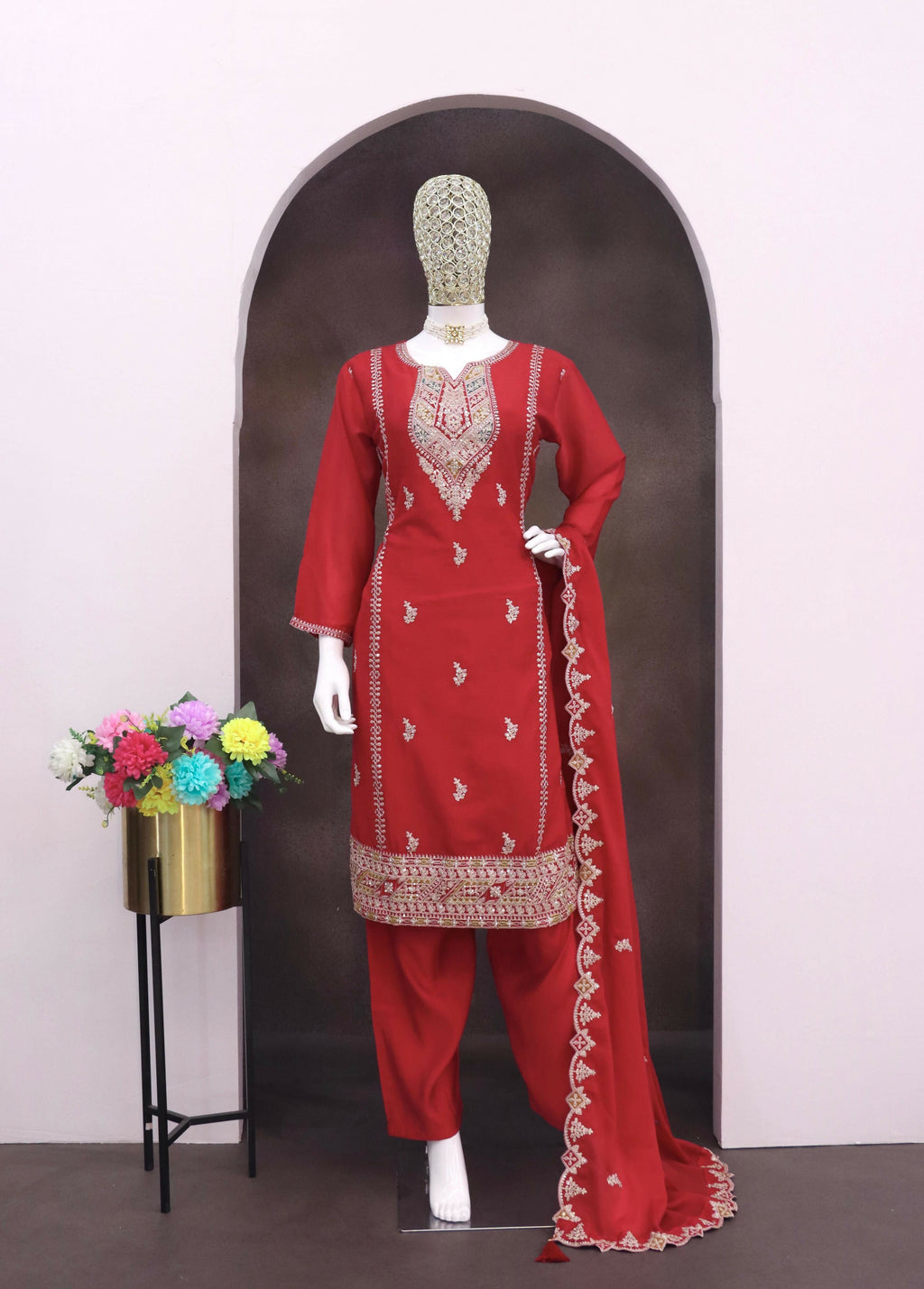 Anaita Red Heavy Chinon Readymade Suit with Embroidery & Sequence Work - Distacart