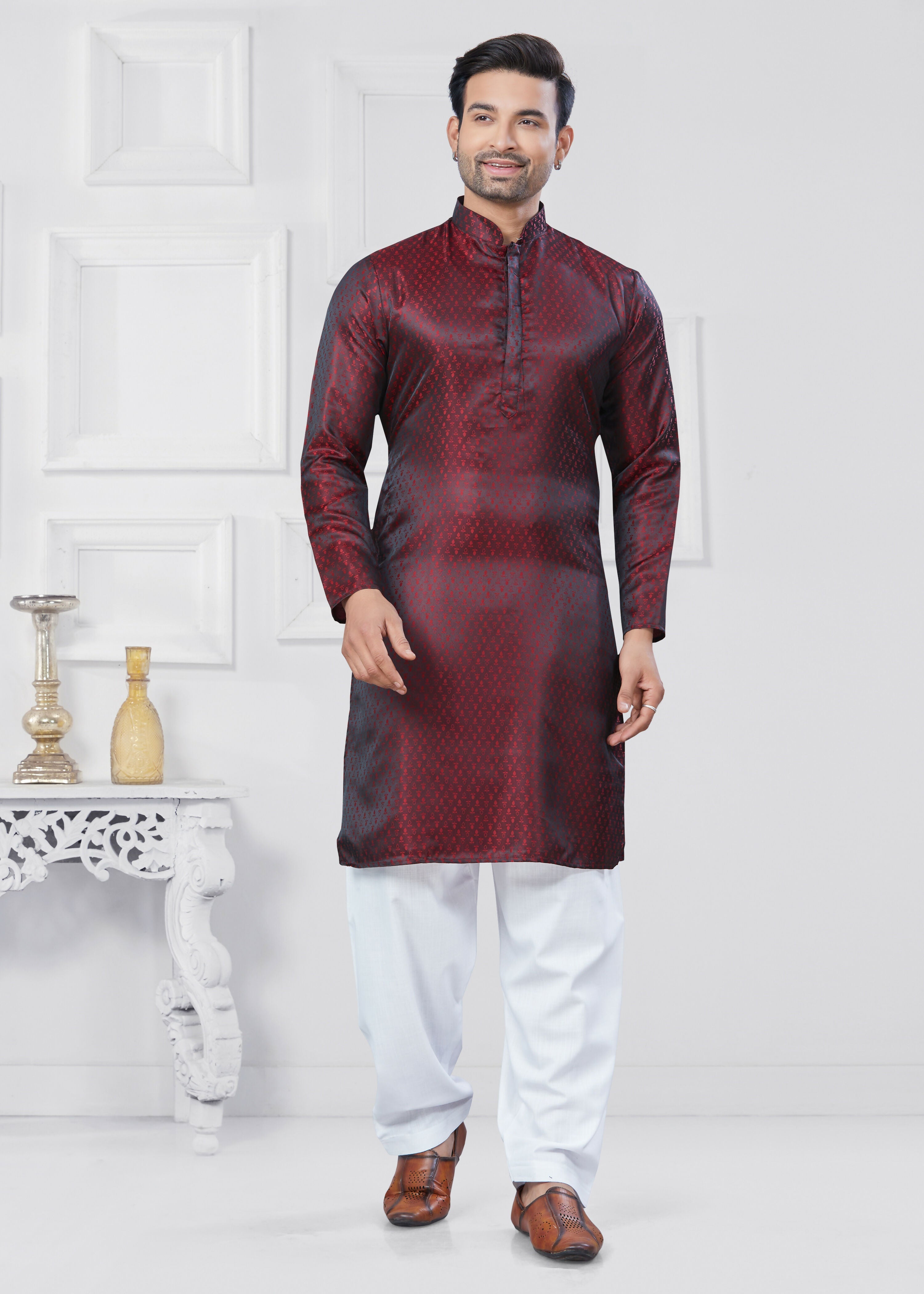 Joban Fashion Men's Jacquard Silk Marron Printed Kurta Pyjama set