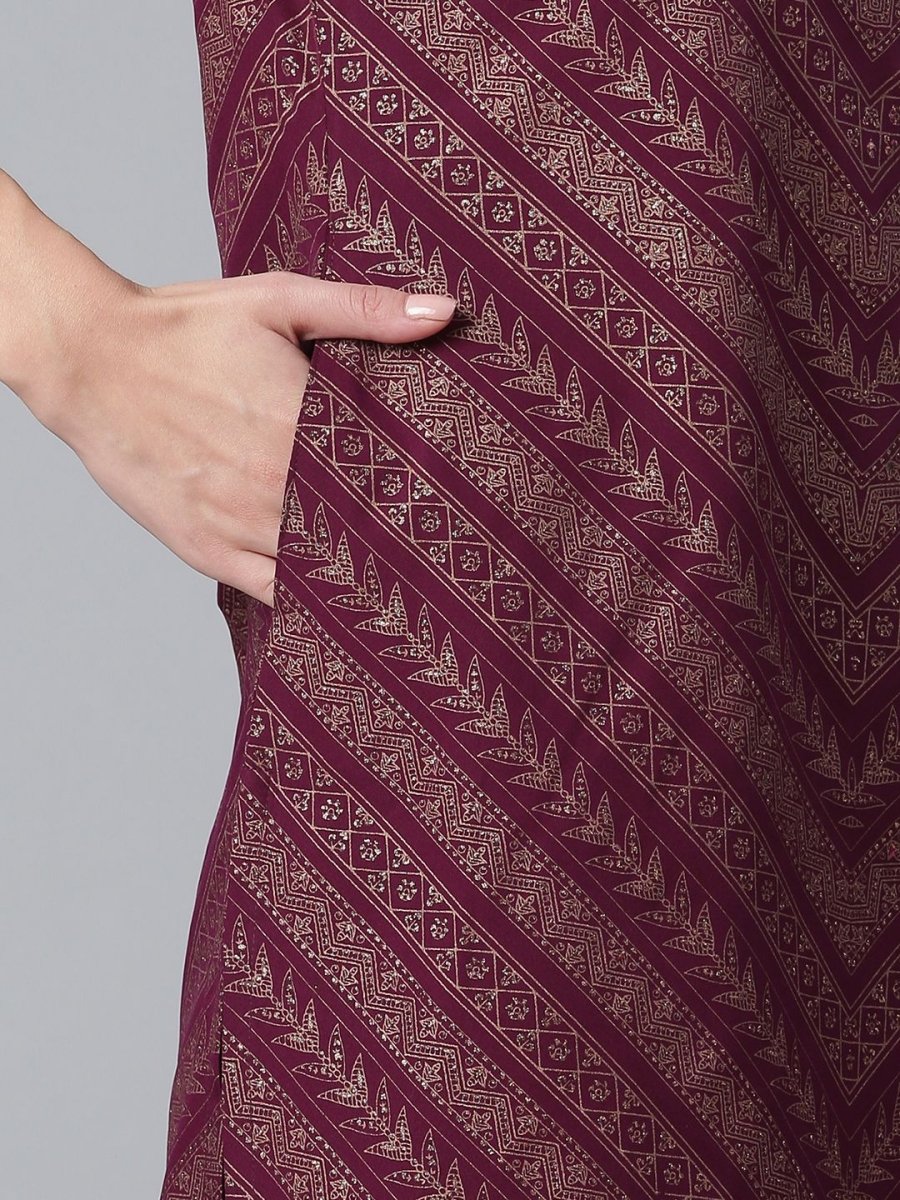 Ahalyaa Wine Crepe Glitter Print Kurta with Sharara and dupatta Set - Distacart