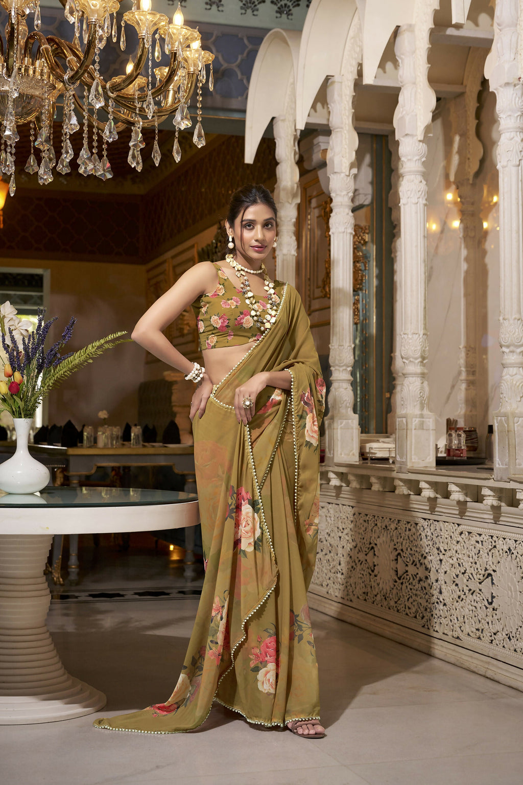 Vastranavya Brown Spectacular Georgette Printed with Pearl Lace Saree with Unstitched Blouse - Distacart