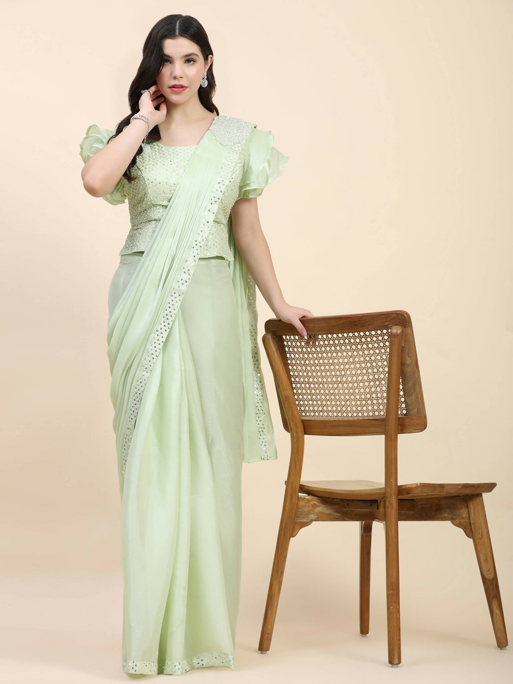 Light Green Silk Satin Sequence Work Ready to Wear Saree with stitched Blouse - Nirvana