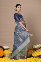 Very Much Indian Rajsi - Handloom Ari Checks Cotton Silk Saree With Golden Border - Grey
