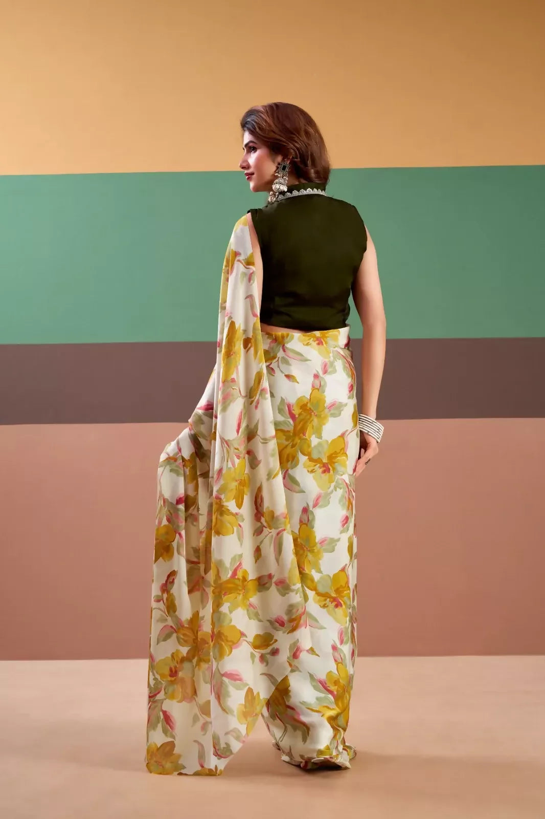 Vastranavya Yellow Satin Silk Floral Printed Saree with Stitched Blouse - Distacart