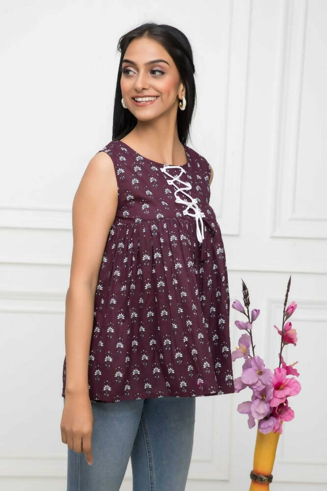 Myshka Women Brown Solid Round Neck No Sleeves Pure Cotton Top - Distacart