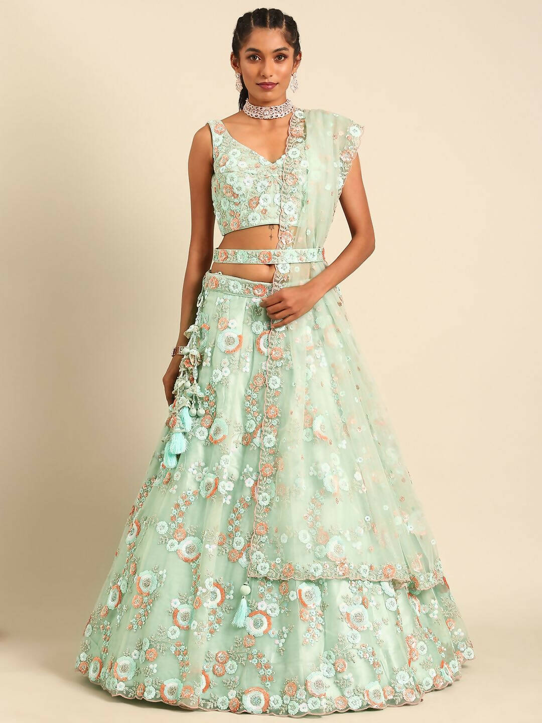 House of Panchhi Sea Green Net Sequins and Zarkan embroidery Lehenga choli & Dupatta