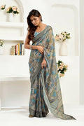 Joban Fashion  Dusty Brown Floral & Ethnic Motifs Linen Ready To Wear Saree With Unstitched Blouse - Distacart