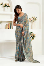 Joban Fashion  Dusty Brown Floral & Ethnic Motifs Linen Ready To Wear Saree With Unstitched Blouse - Distacart