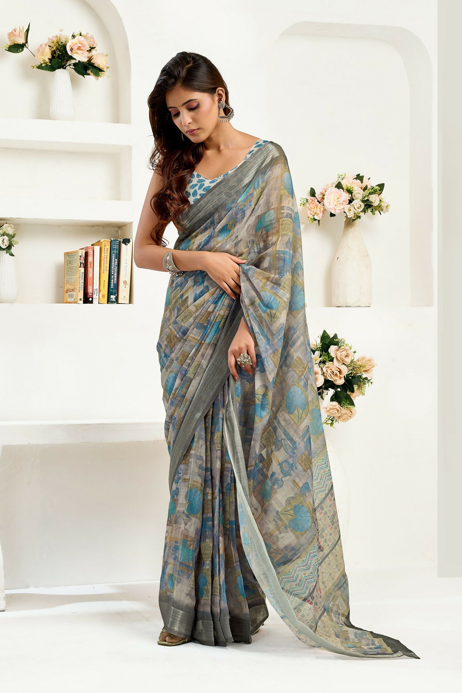 Joban Fashion  Dusty Brown Floral & Ethnic Motifs Linen Ready To Wear Saree With Unstitched Blouse - Distacart
