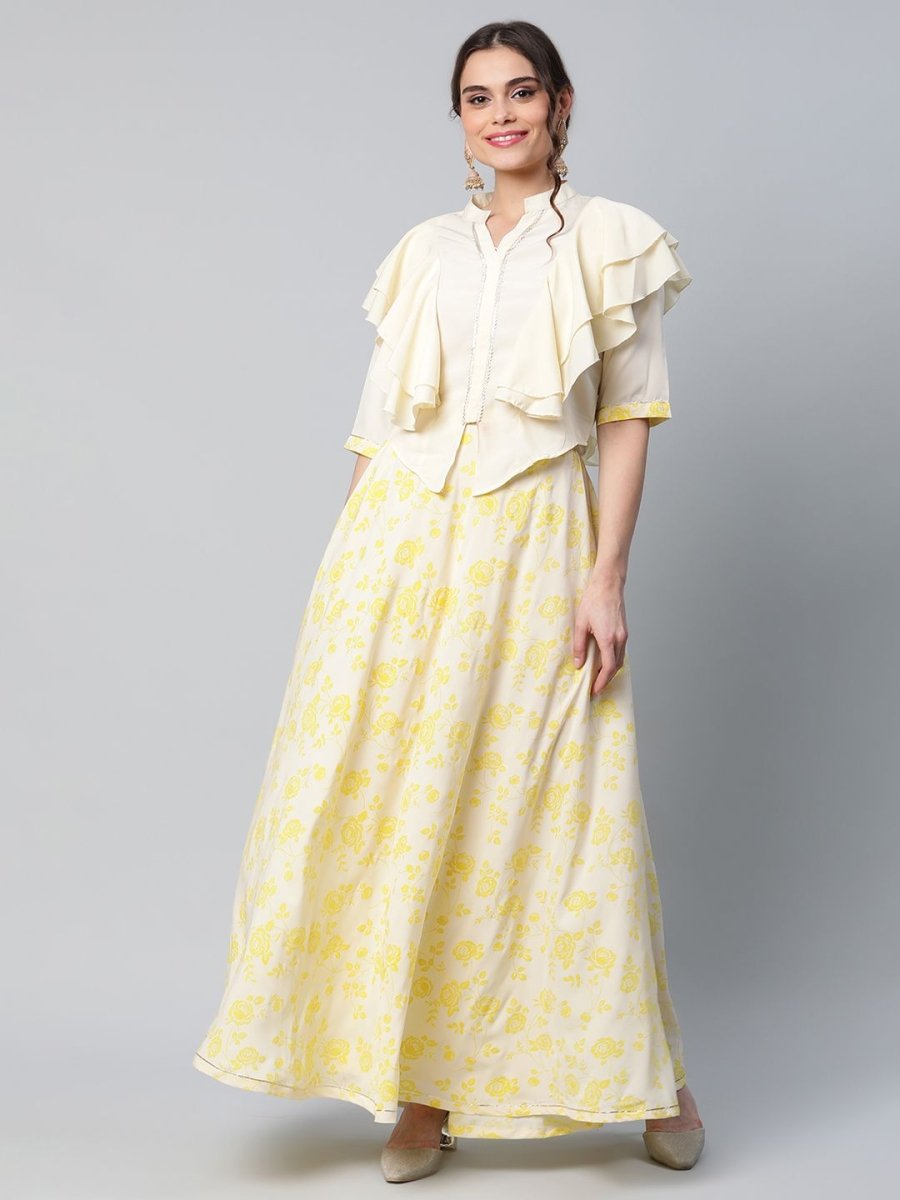 Ahalyaa Women Crepe Cream Solid Top with Printed Skirt with Ruffle Details - Distacart