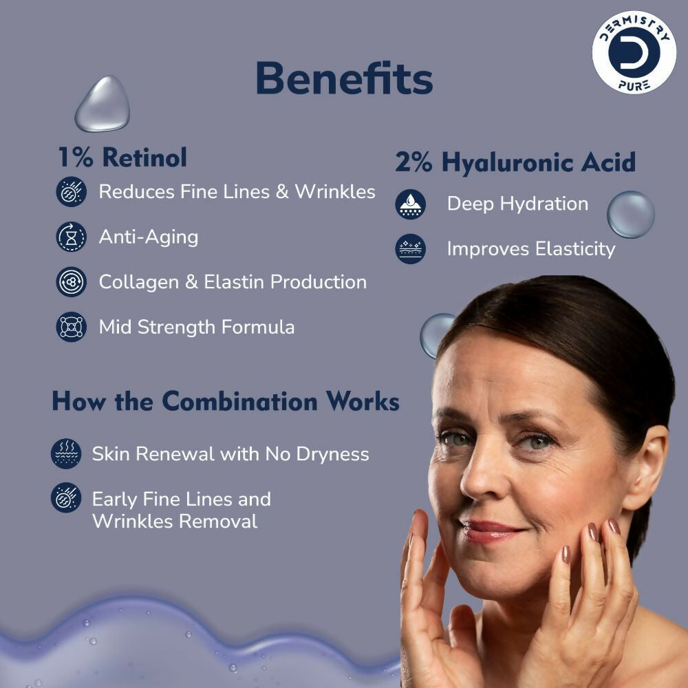 Dermistry Pure 1% Retinol 2% Hyaluronic Acid Anti Aging Moisturizer Face Serum Fine Lines & Wrinkles