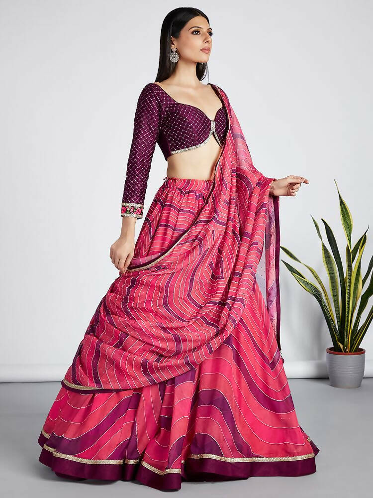 House of Panchhi Rose Organza Siroski Stone Work Leheriya Print Lehenga Choli & Dupatta