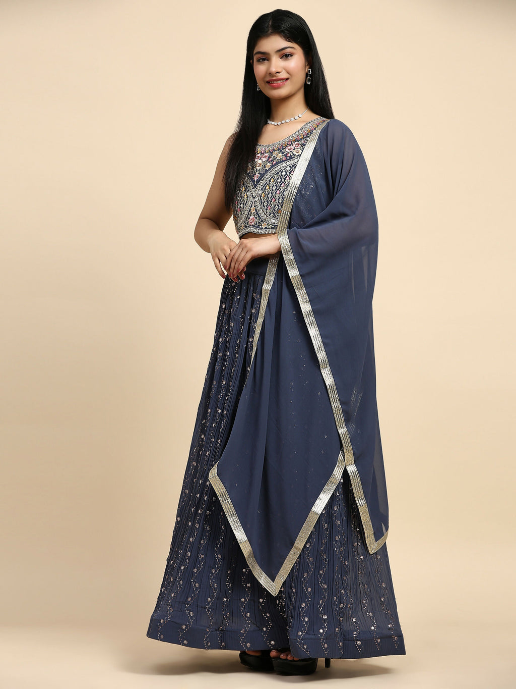 Dark Grey Georgette Embroidered Lehenga choli with Dupatta - Dhara