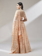 House of Panchhi Women Peach Pure Georgette Embroidered Lehenga & Blouse, Dupatta