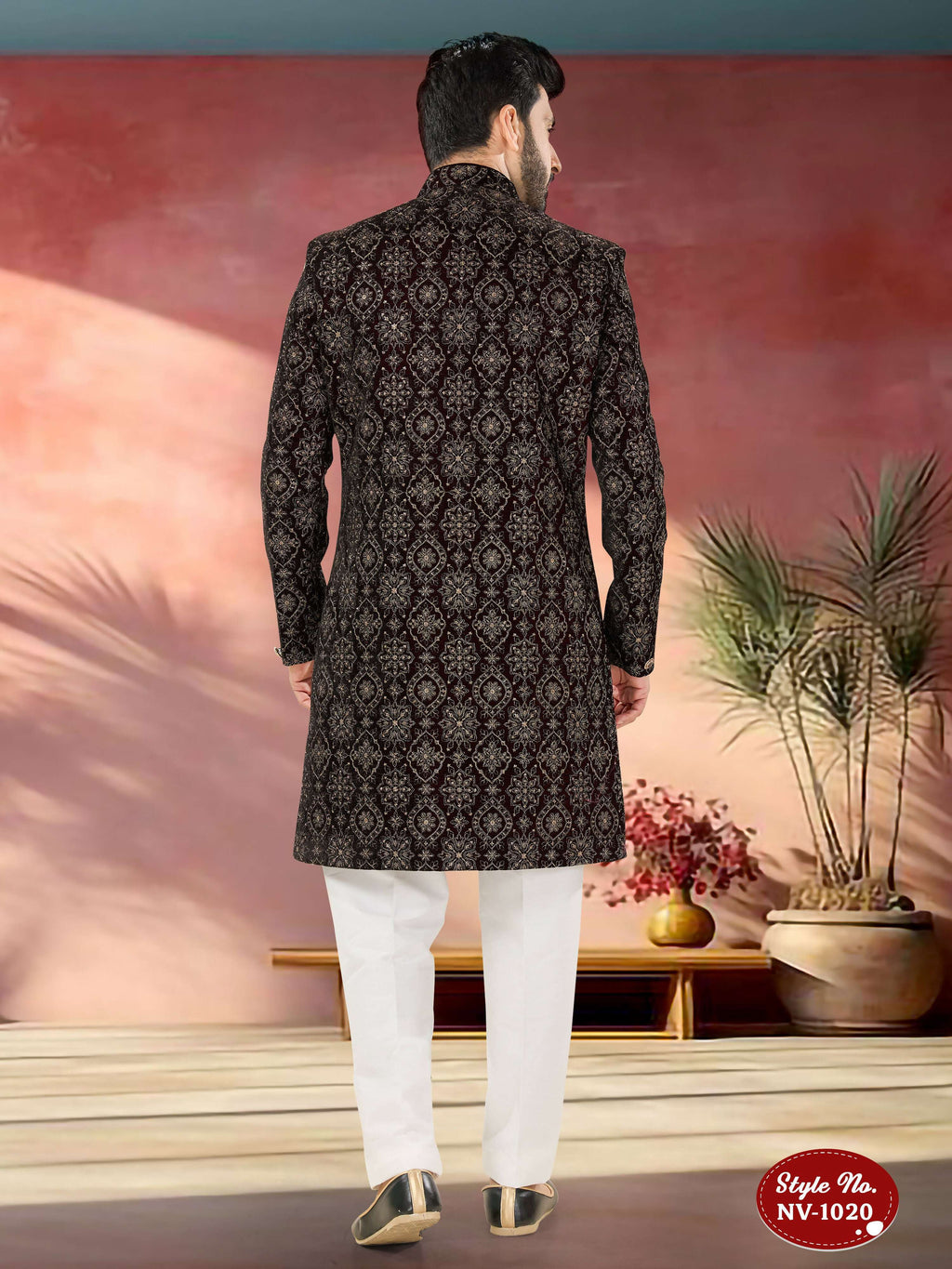 Joban Fashion Men's Marron Base Straight Velvet Thread And Sequence Embroidary All Over Indo-Western Kurta Set