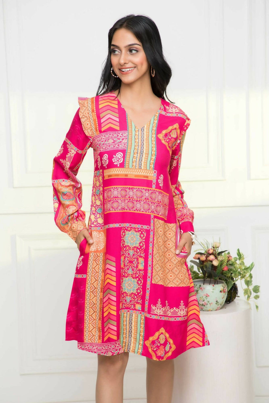 Myshka Women Red Geometric Rayon A-Line Round Neck Dress - Distacart