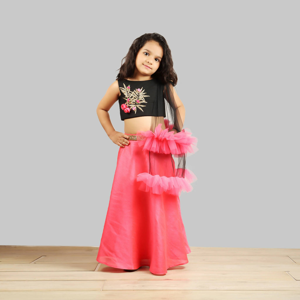 Pink Cow Fashions Black & Pink Ghagra Choli With Frill Dupatta