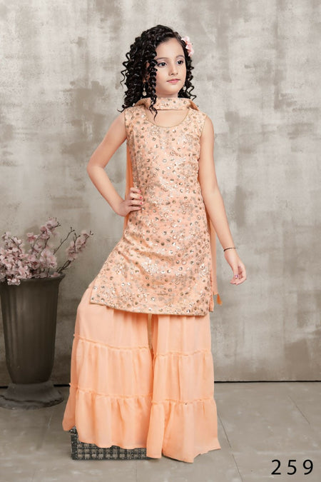 Kids Wedding Designer Orange Fox Georgette Sharara Suit - Aaradhna