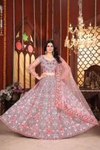 Eilara Grey And Peach Mulberry Silk Lehenga With Thread Sequins Embroidery Work