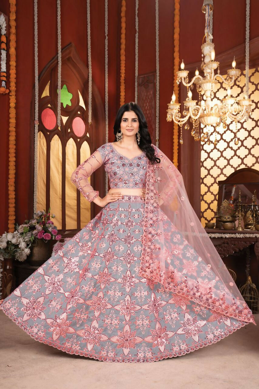 Eilara Grey And Peach Mulberry Silk Lehenga With Thread Sequins Embroidery Work