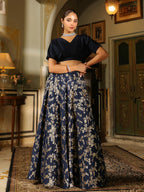 Janasya Navy Blue Silk Blend Solid Lehenga Choli