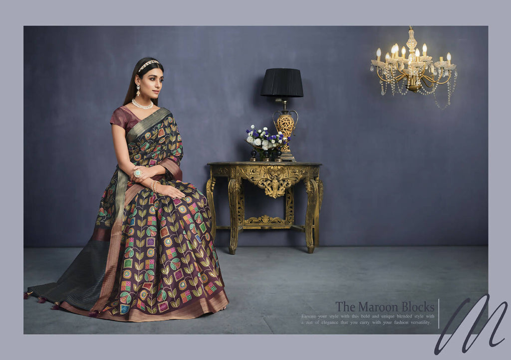 Black & Maroon Tusser Silk Floral Printed With Sequence Embroidered Saree With Unstitched Blouse - Mohmanthan Aahana