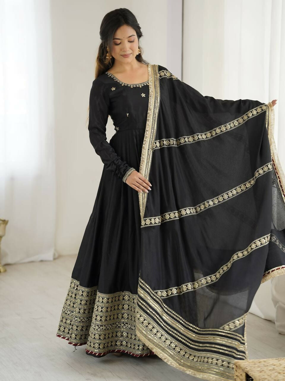 Teeya Creation Black Chinon Silk Gown - Distacart