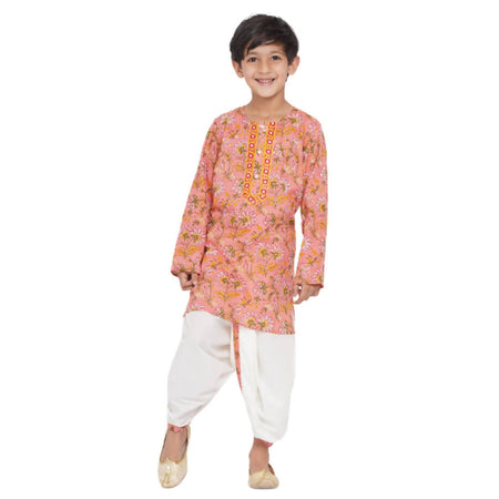 Little Bansi Boys Bengali Kantha work floral kurta & Dhoti - Pink & White