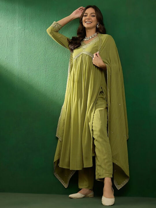 The52 Women's Beautiful Georgette Fabric Embroidery Work Straight Kurta Pant and Dupatta Set - Distacart