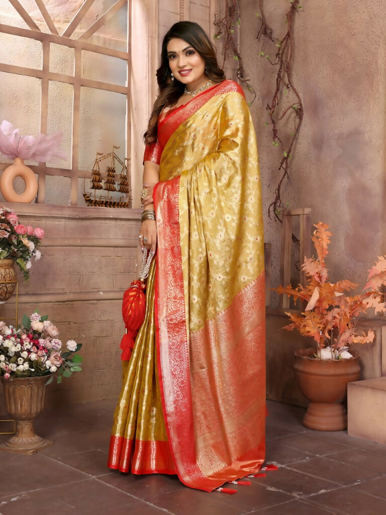 Anaita Golden Tissue Silk With Zari Weaving Saree With Blouse
