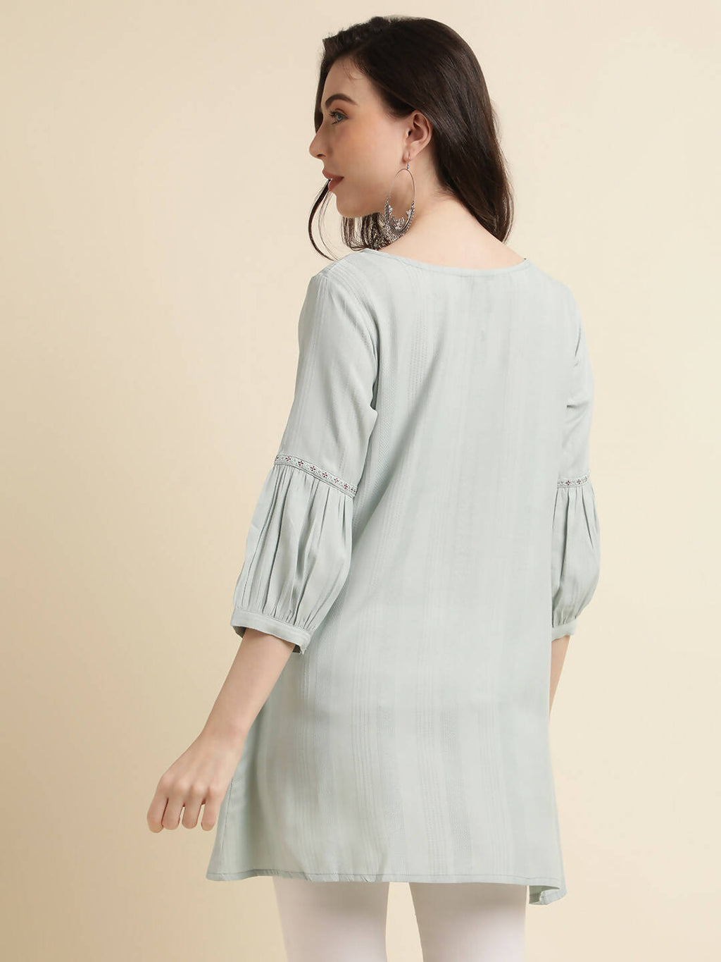 Light Blue Poly Cotton Yoke Embroidered A-line Top - Tarini
