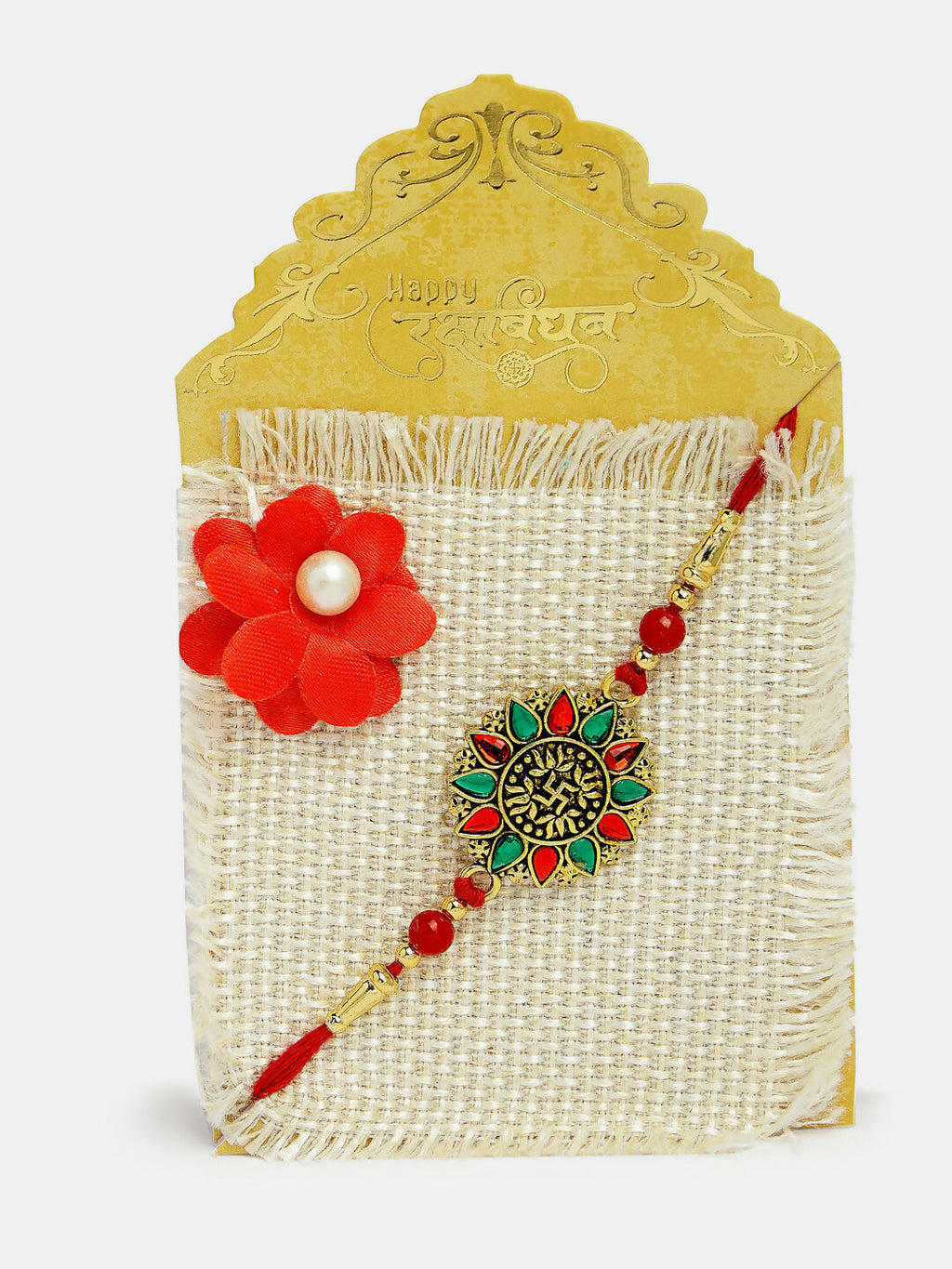 NVR Men Red & Gold-Toned Stone-Studded Rakhi With Roli Chawal - Distacart