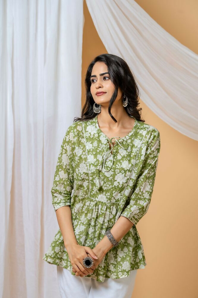 Joban Fashion Green Floral Hand Block Printed Cotton Co-Ord Set - Distacart