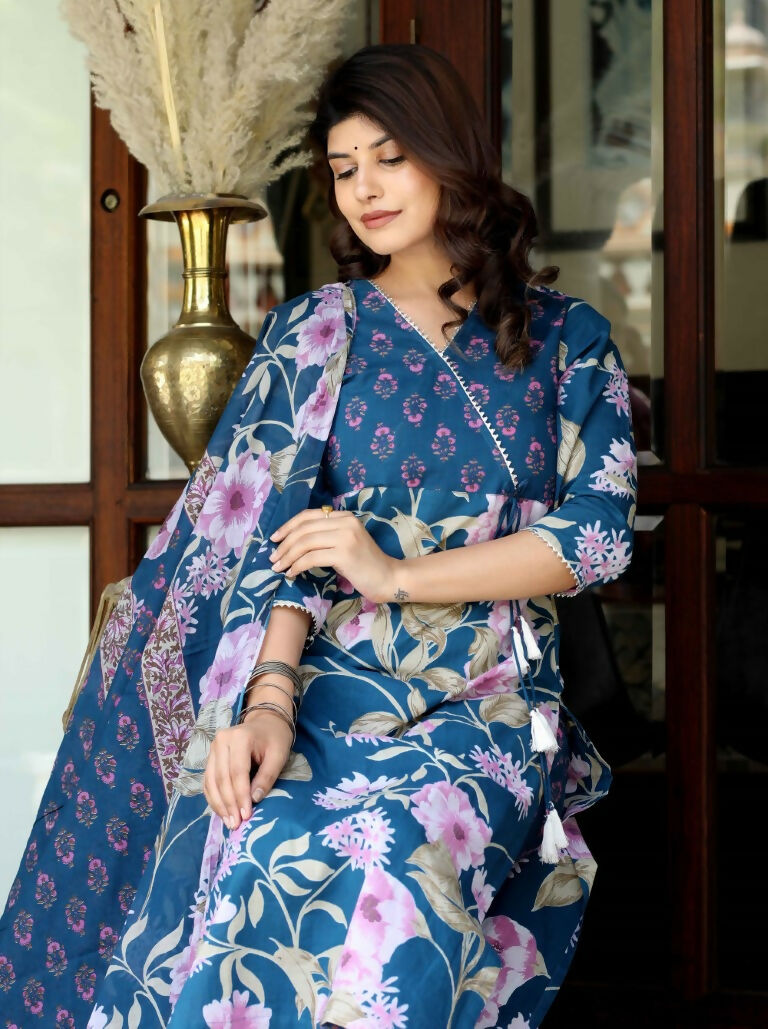 Miravan Women's Cotton Floral Angrakha Kurta And Palazzo With Dupatta Set
