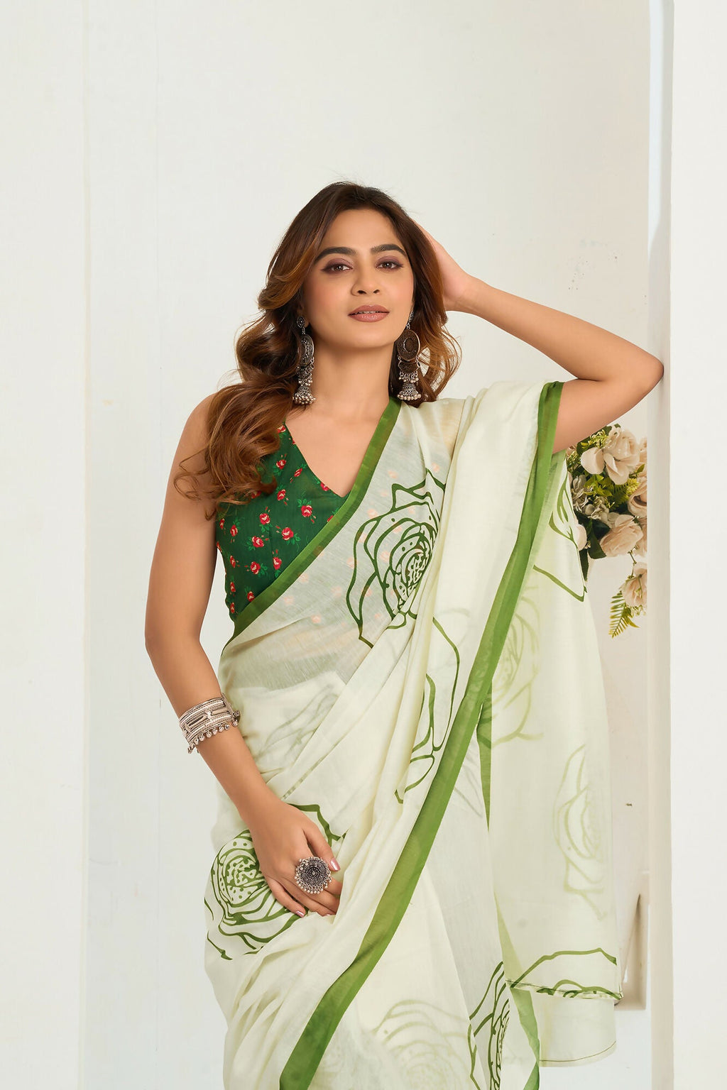 Vastranavya Green Digital Printed Linen Ready To Wear Designer Saree with Unstitched Blouse - Distacart